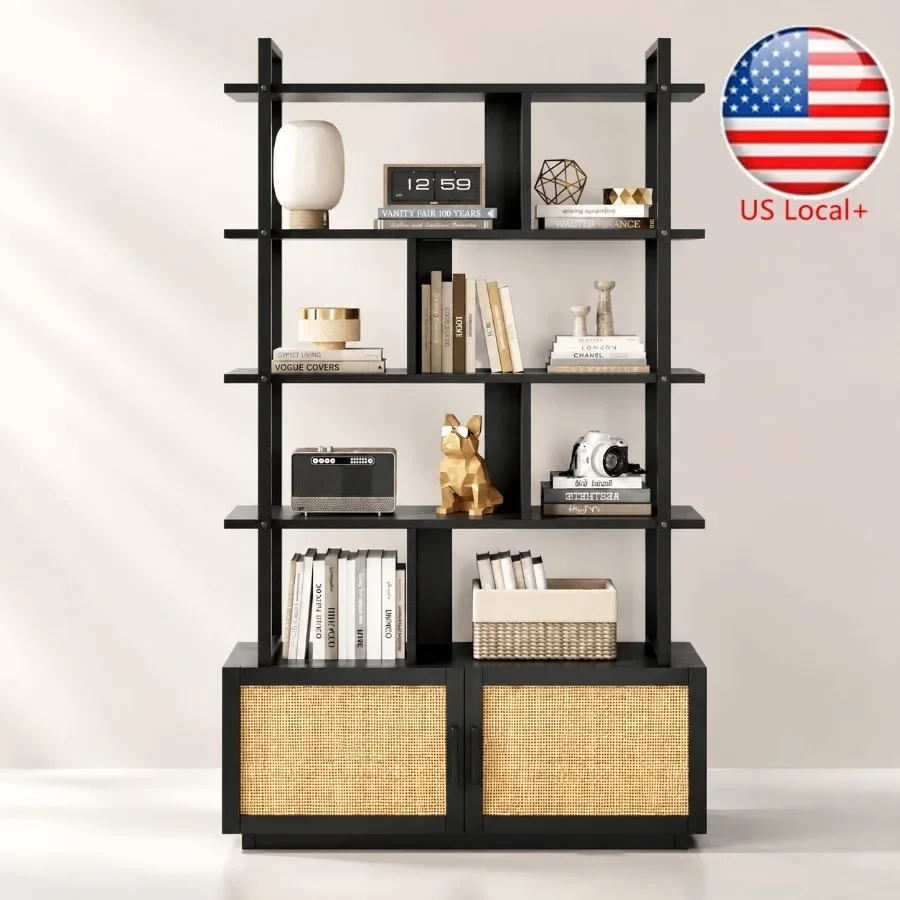 Bookshelf - 5-Tier Rattan Bookshelf with Storage Cabinet